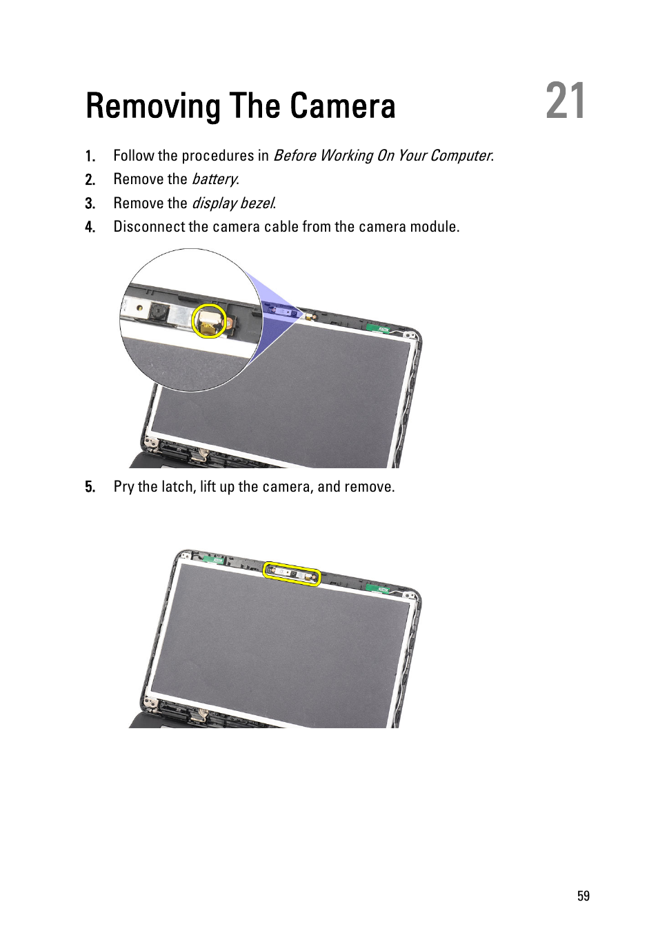 Removing the camera, 21 removing the camera | Dell Vostro 1450 (Mid 2011) User Manual | Page 59 / 78