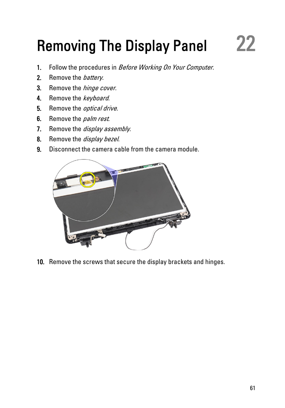 Removing the display panel, 22 removing the display panel | Dell Vostro 1450 (Mid 2011) User Manual | Page 61 / 78