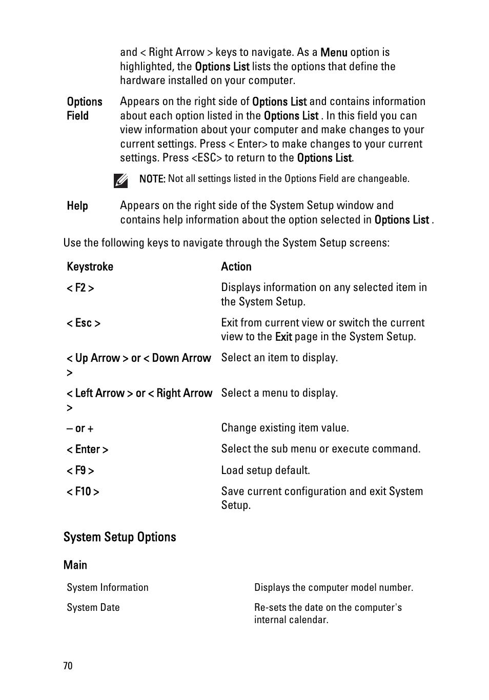 System setup options | Dell Vostro 1450 (Mid 2011) User Manual | Page 70 / 78