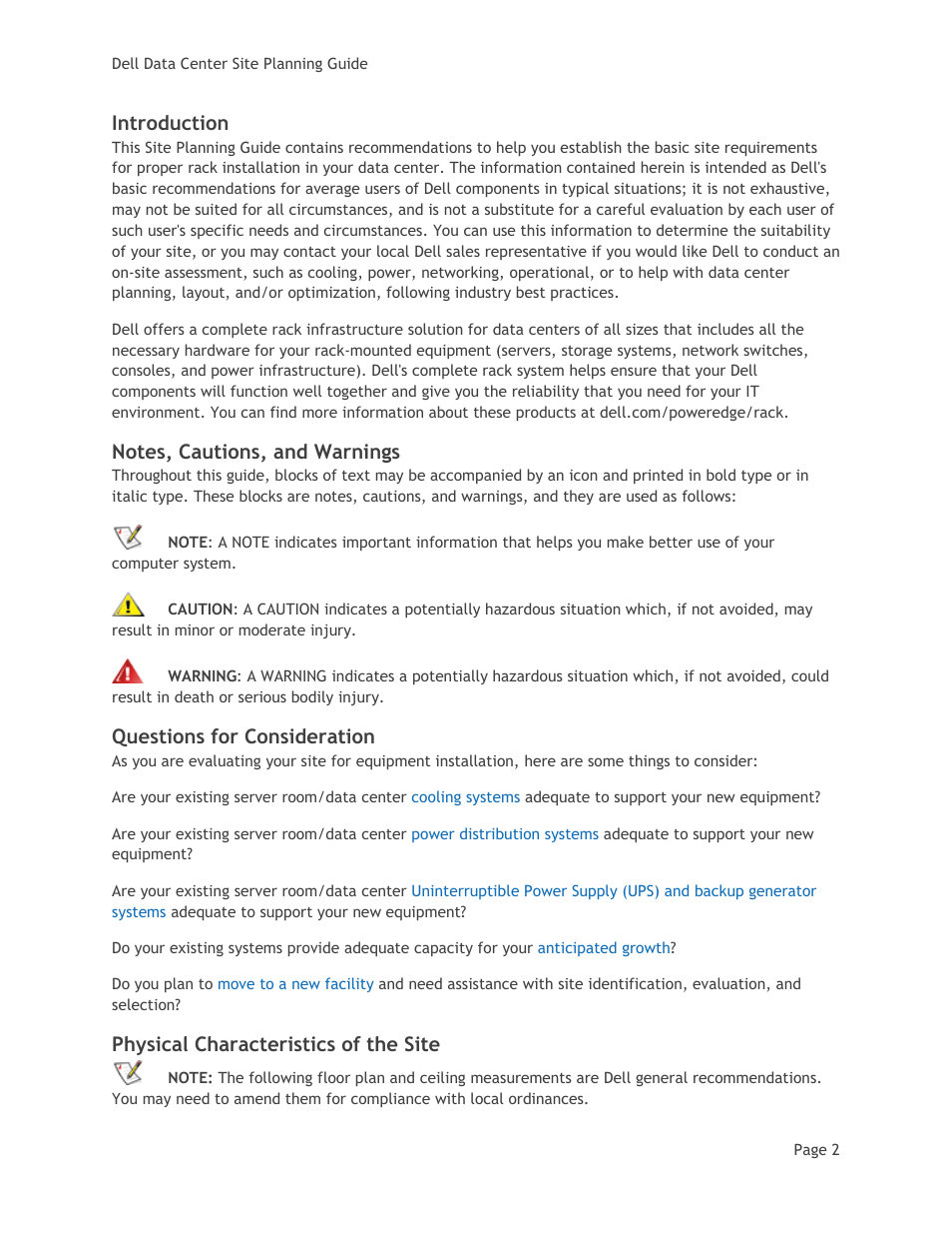 Introduction, Notes, cautions, and warnings, Questions for consideration | Physical characteristics of the site | Dell PowerEdge Rack Enclosure 4820 User Manual | Page 4 / 8