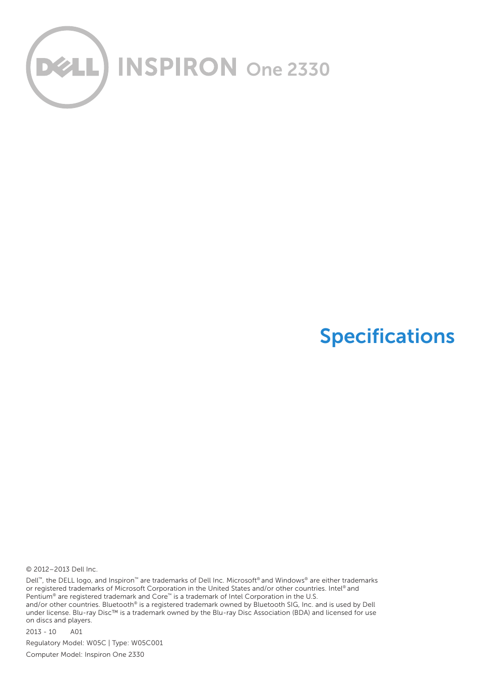 Dell Inspiron One 2330 (Mid 2012) User Manual | 5 pages