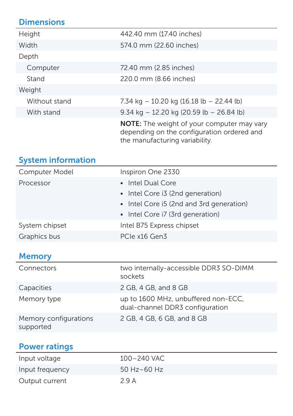 Dimensions, System information, Power ratings | Dell Inspiron One 2330 (Mid 2012) User Manual | Page 2 / 5