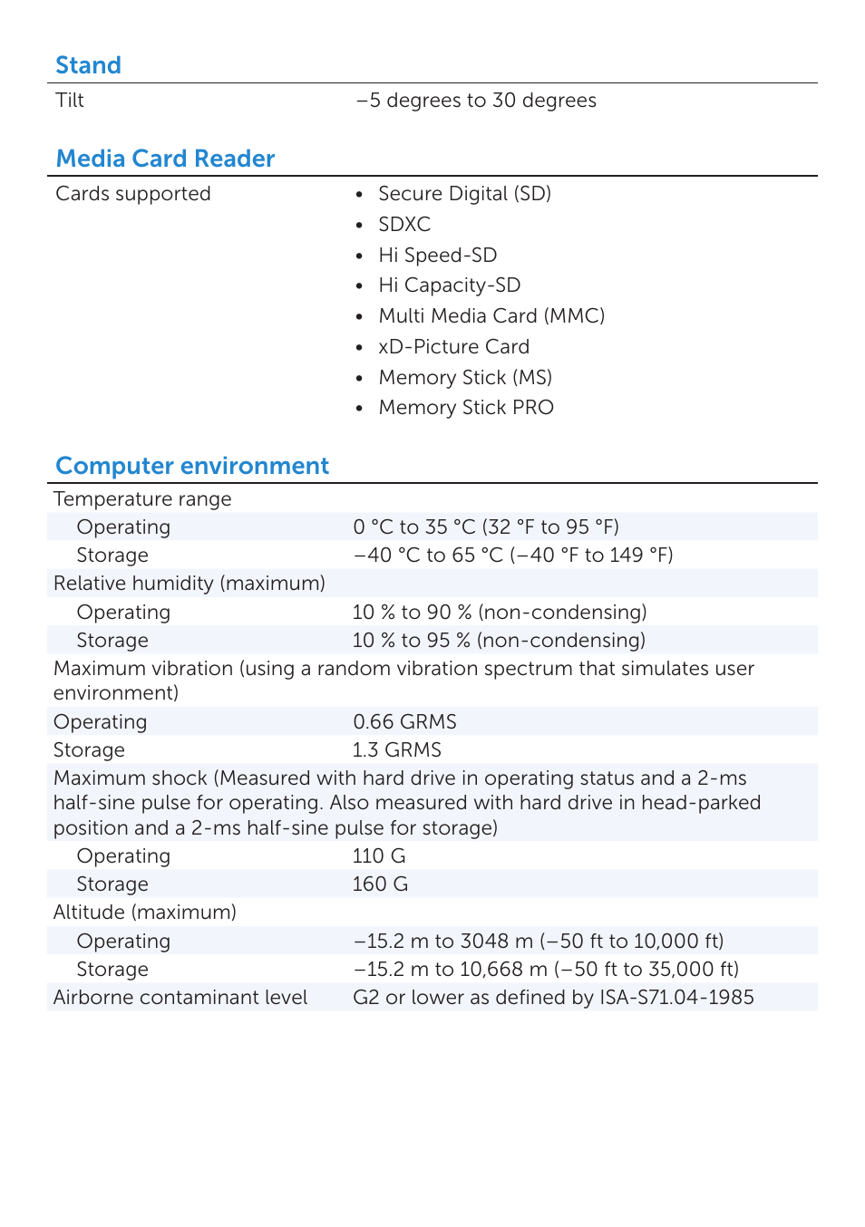 Stand, Media card reader, Computer environment | Dell Inspiron One 2330 (Mid 2012) User Manual | Page 5 / 5