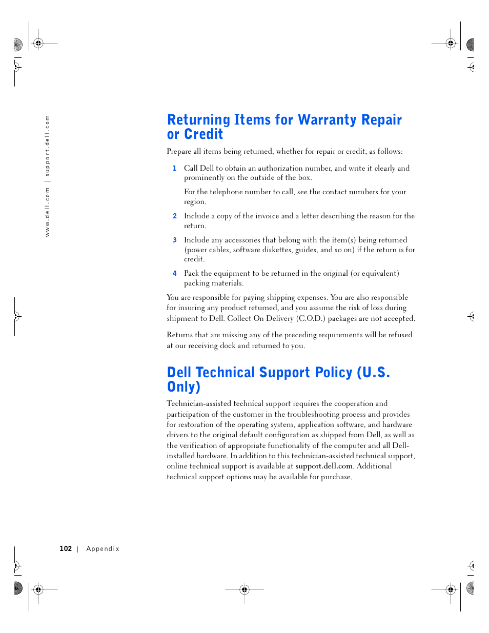 Returning items for warranty repair or credit, Dell technical support policy (u.s. only) | Dell Inspiron 4100 User Manual | Page 102 / 146