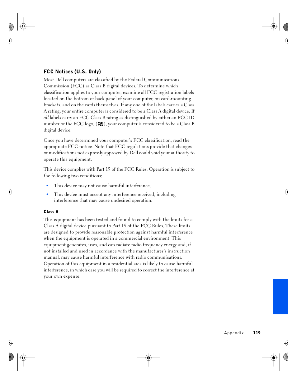 Fcc notices (u.s. only) | Dell Inspiron 4100 User Manual | Page 119 / 146