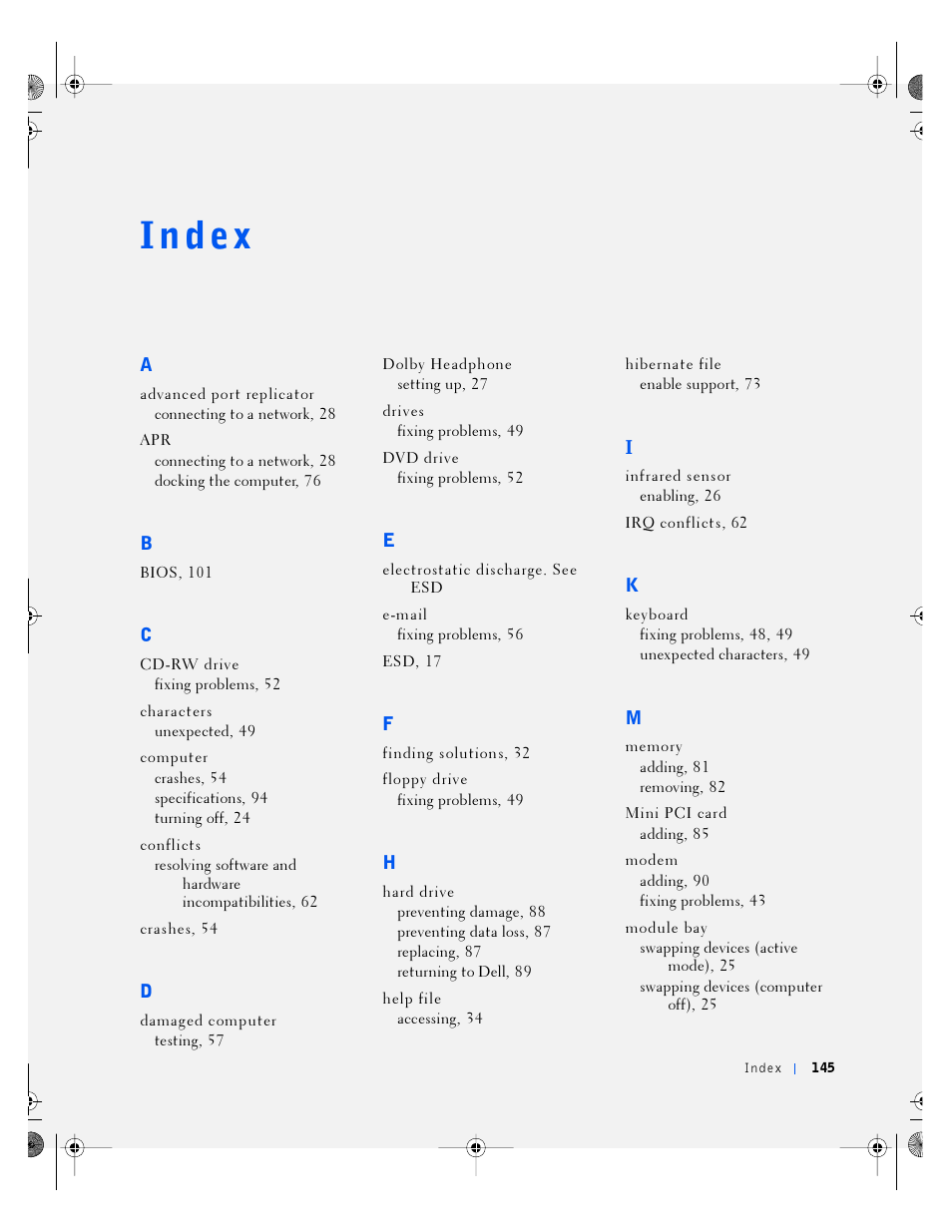 Index | Dell Inspiron 4100 User Manual | Page 145 / 146