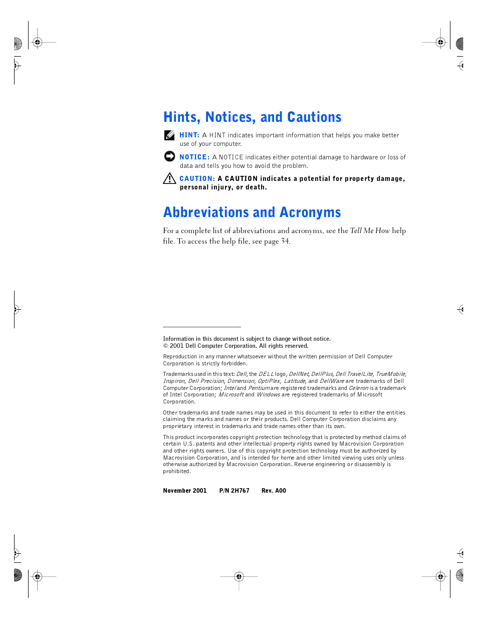 Hints, notices, and cautions, Abbreviations and acronyms | Dell Inspiron 4100 User Manual | Page 2 / 146