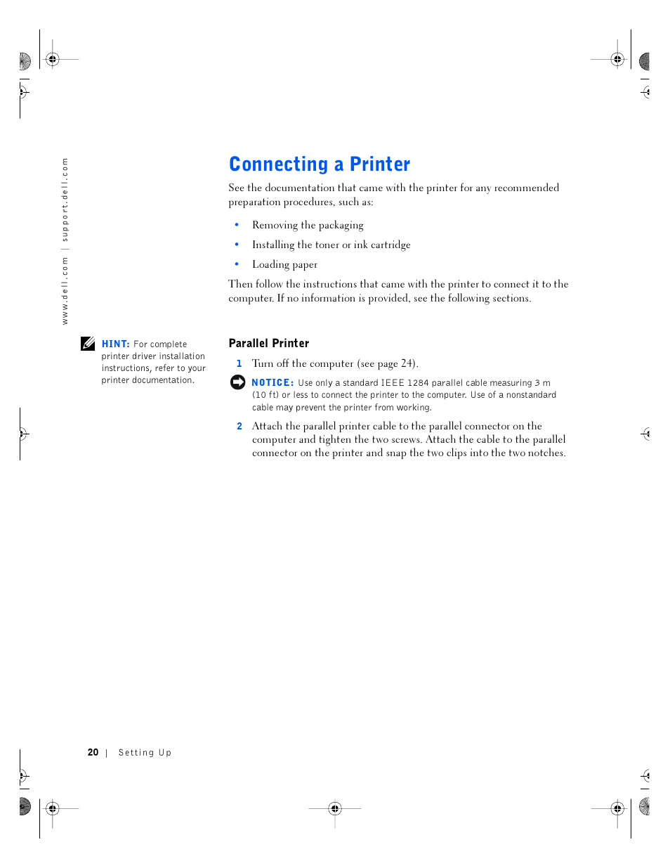 Connecting a printer, Parallel printer | Dell Inspiron 4100 User Manual | Page 20 / 146