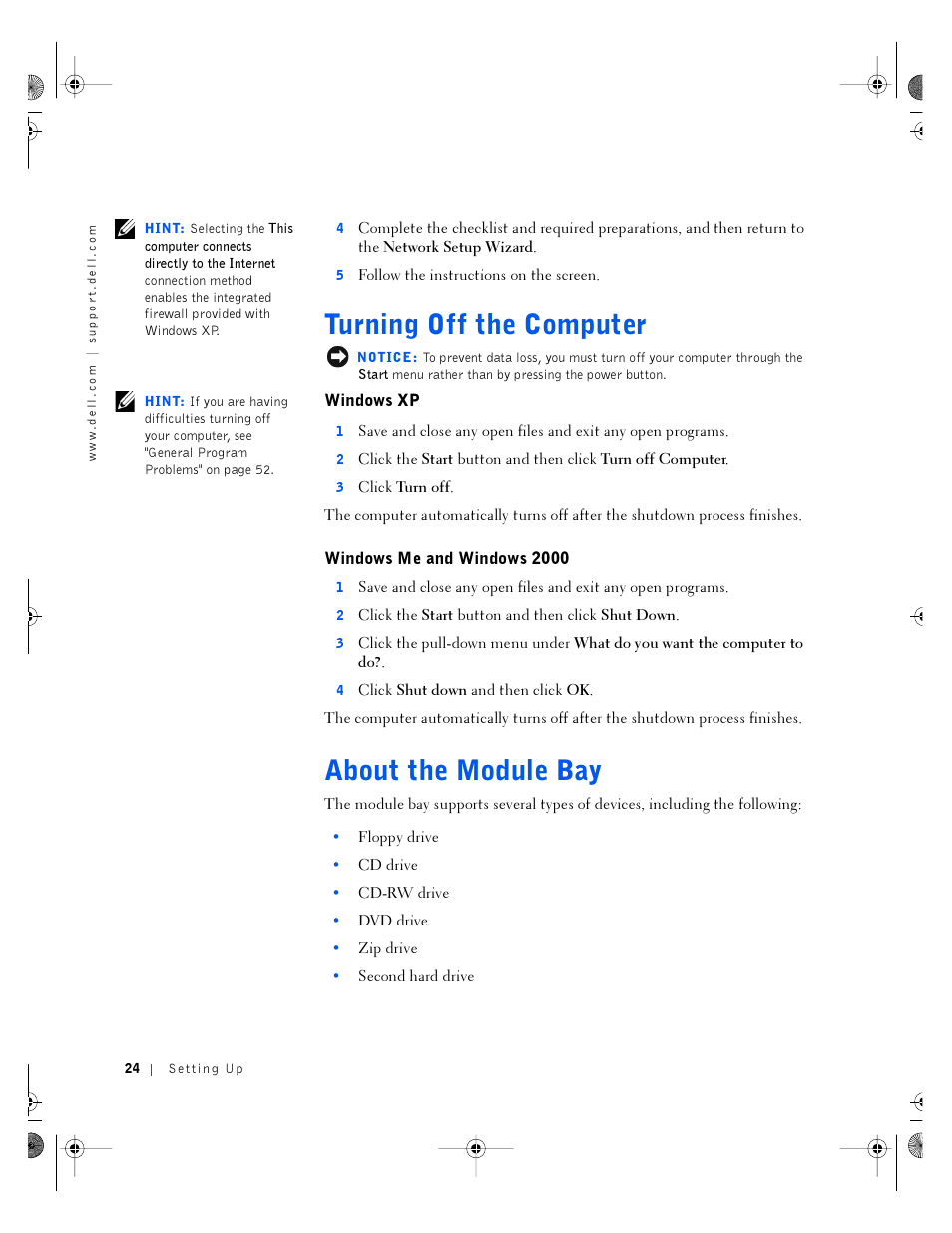 Turning off the computer, About the module bay, Windows me and windows 2000 | Dell Inspiron 4100 User Manual | Page 24 / 146