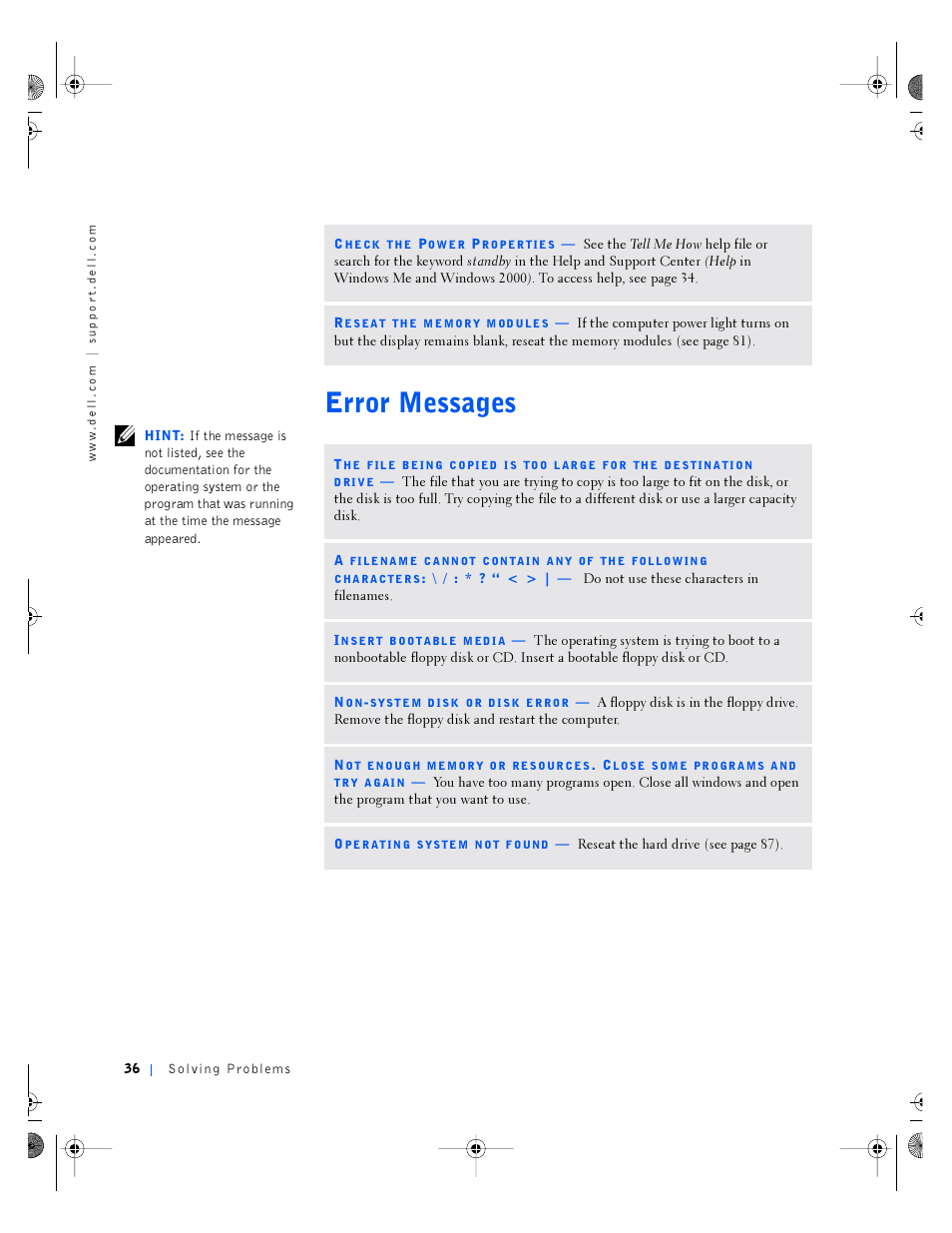 Error messages | Dell Inspiron 4100 User Manual | Page 36 / 146