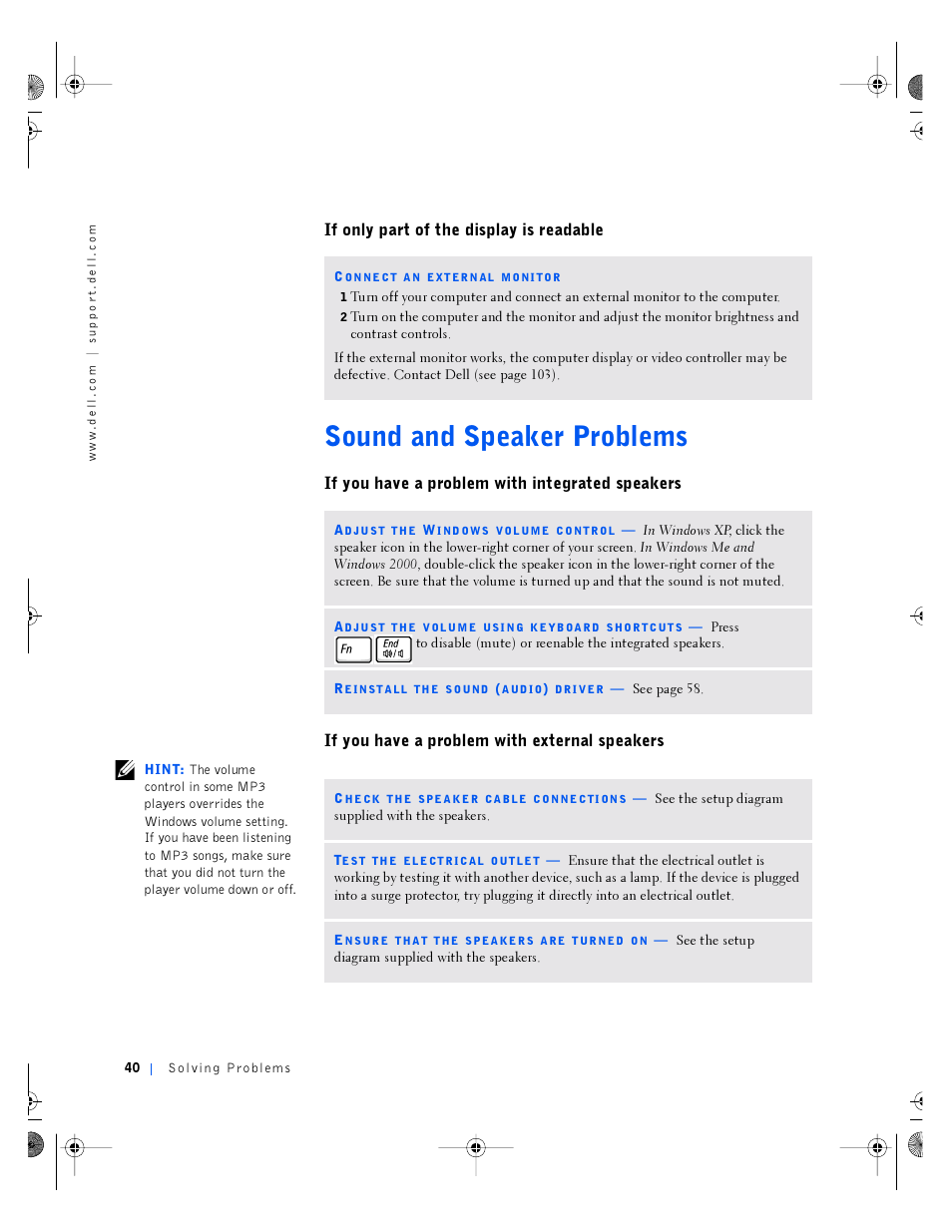 Sound and speaker problems, If only part of the display is readable, If you have a problem with integrated speakers | If you have a problem with external speakers | Dell Inspiron 4100 User Manual | Page 40 / 146