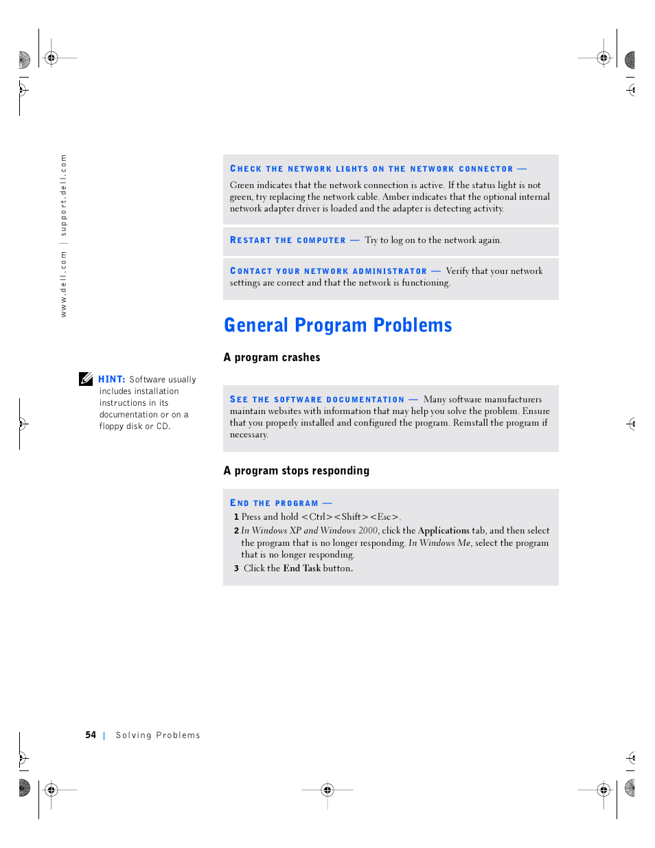 General program problems, A program crashes, A program stops responding | General program problems general program problems | Dell Inspiron 4100 User Manual | Page 54 / 146