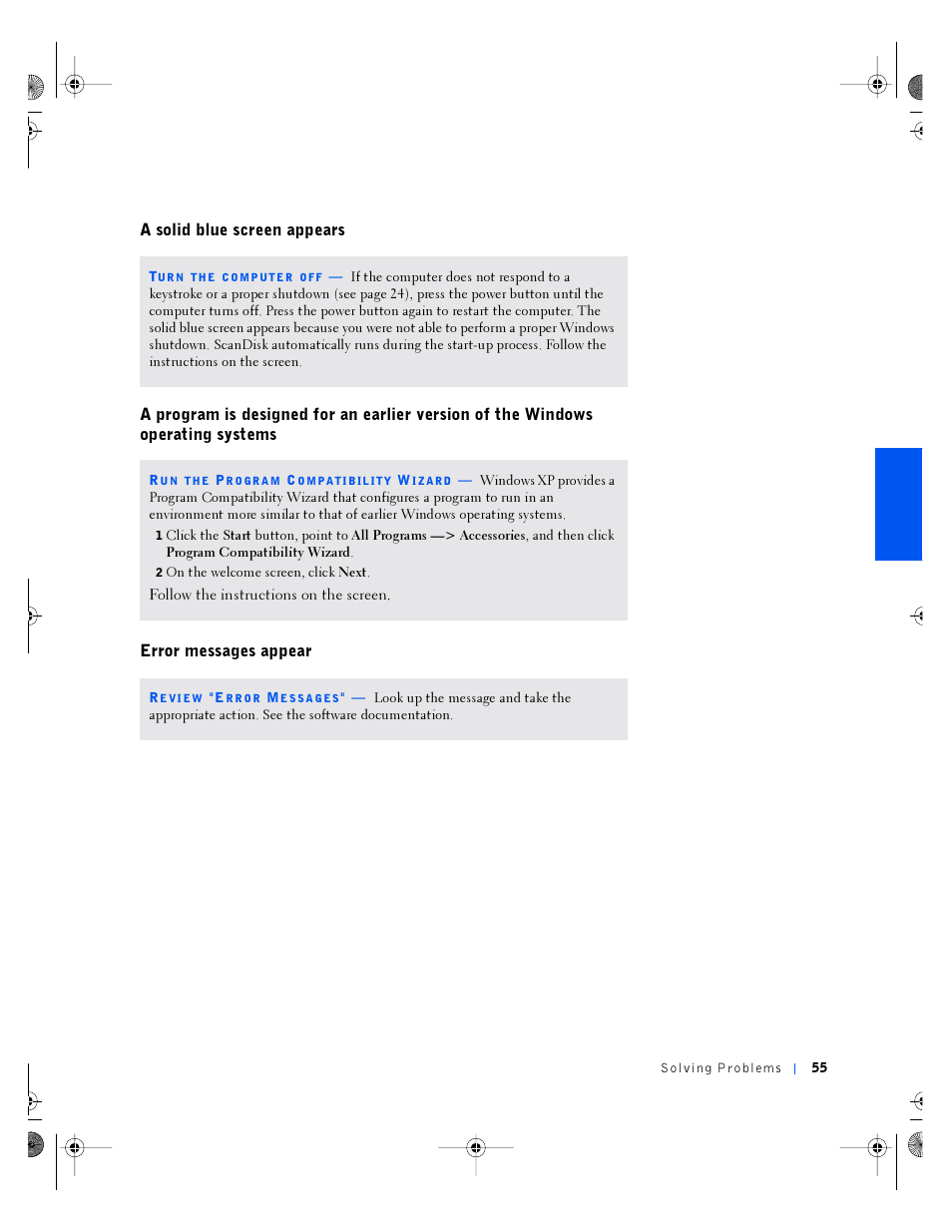 A solid blue screen appears, Error messages appear | Dell Inspiron 4100 User Manual | Page 55 / 146