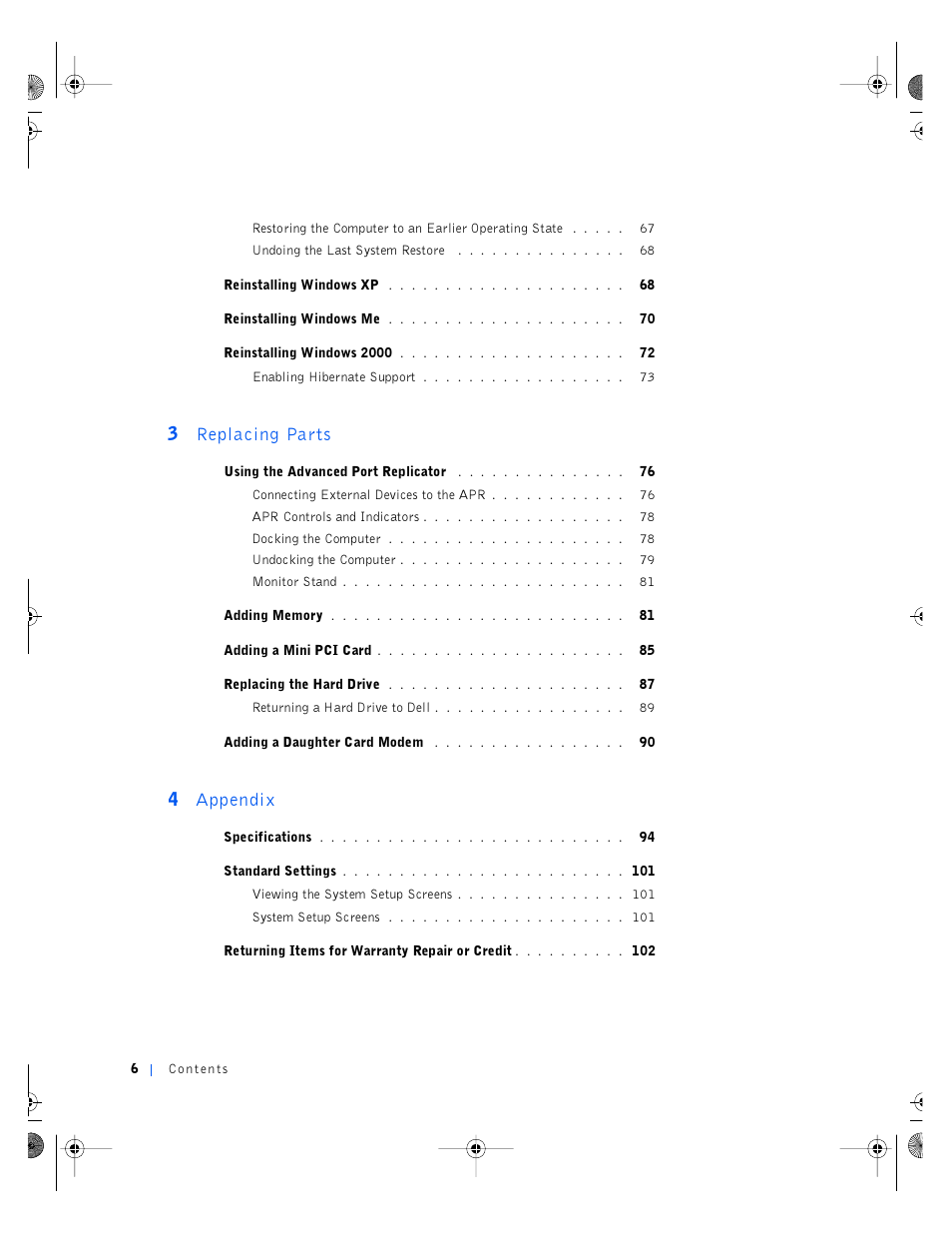 3 replacing parts, 4 appendix | Dell Inspiron 4100 User Manual | Page 6 / 146