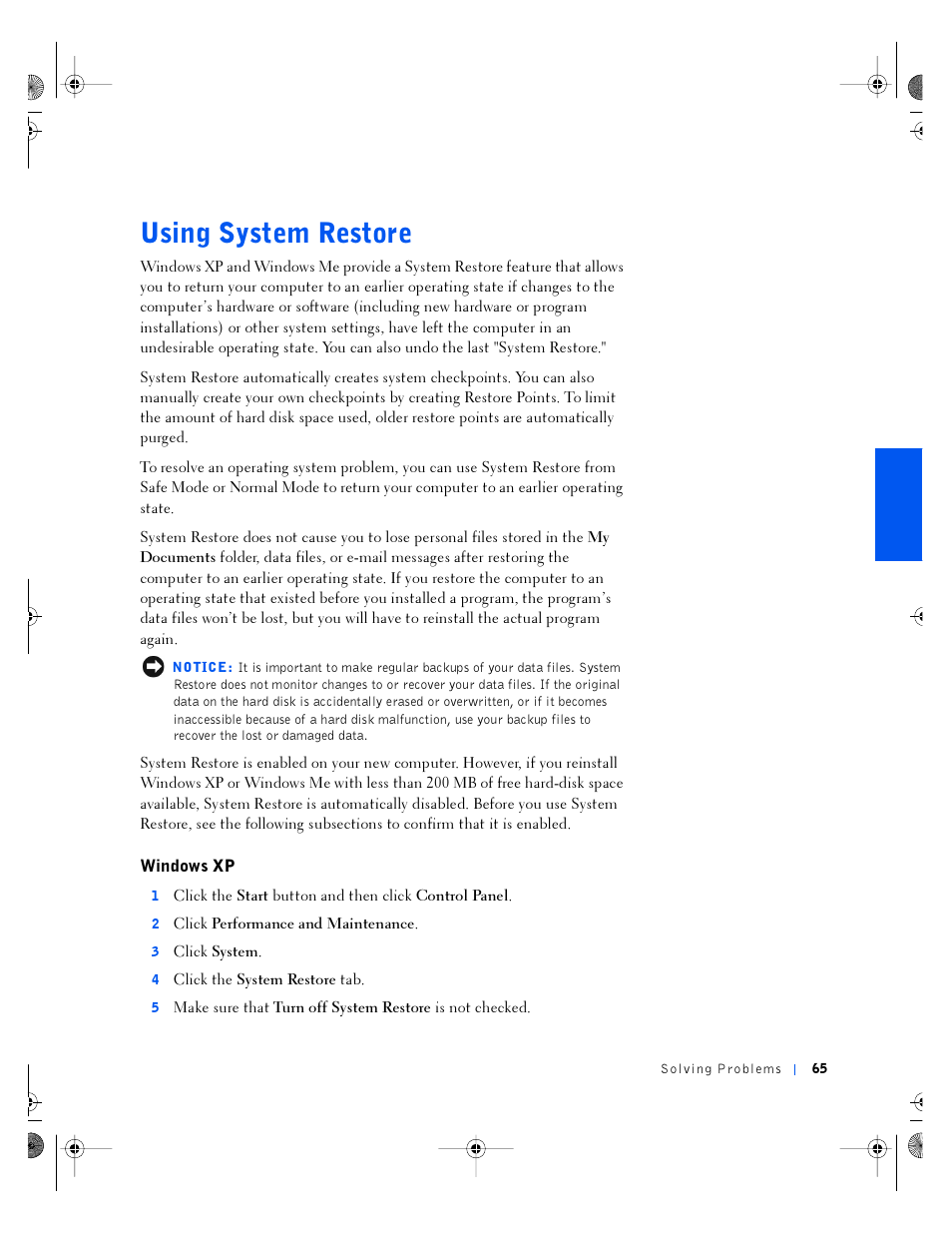 Using system restore, Windows xp | Dell Inspiron 4100 User Manual | Page 65 / 146