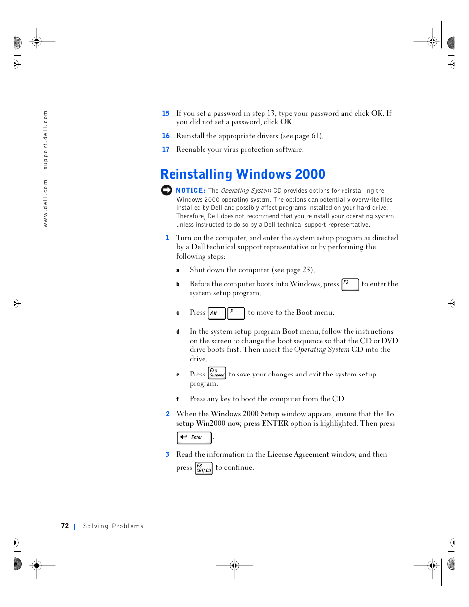 Reinstalling windows 2000 | Dell Inspiron 4100 User Manual | Page 72 / 146