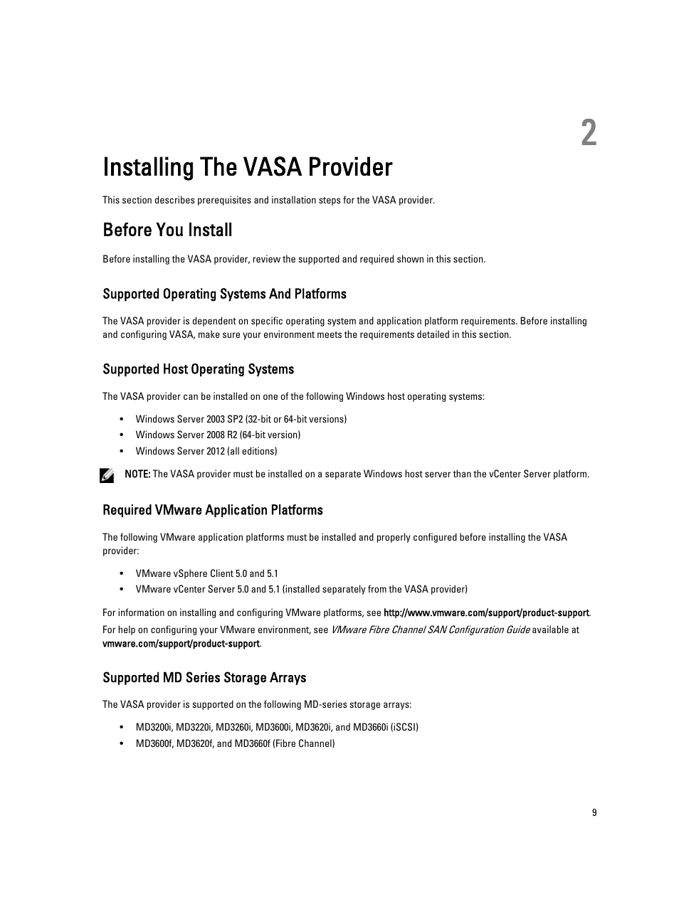 Installing the vasa provider, Before you install, Supported operating systems and platforms | Supported host operating systems, Required vmware application platforms, Supported md series storage arrays, 2 installing the vasa provider | Dell PowerVault MD3860f User Manual | Page 9 / 21