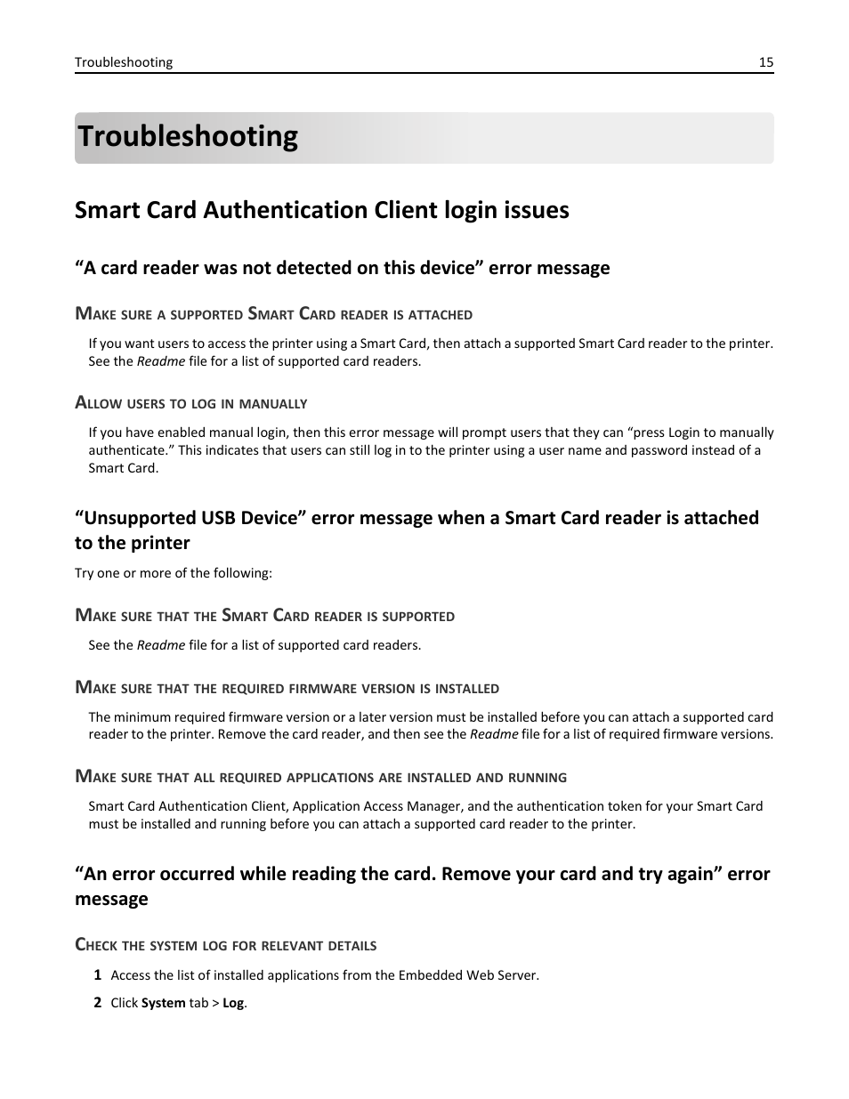 Troubleshooting, Smart card authentication client login issues, Allow users to log in manually | Make sure that the smart card reader is supported, Check the system log for relevant details | Dell B3460dn Mono Laser Printer User Manual | Page 15 / 35