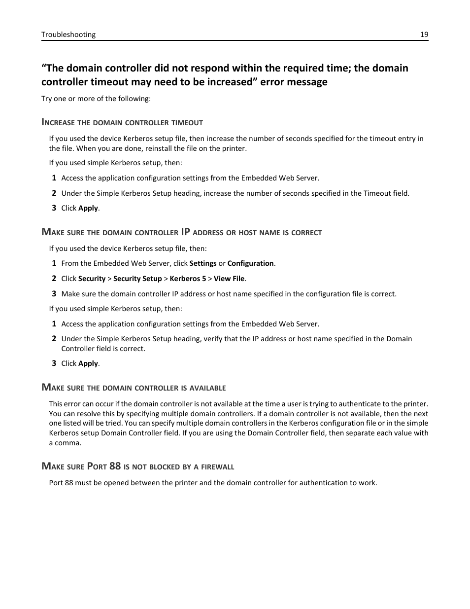 Increase the domain controller timeout, Make sure the domain controller is available, Make sure port 88 is not blocked by a firewall | Dell B3460dn Mono Laser Printer User Manual | Page 19 / 35