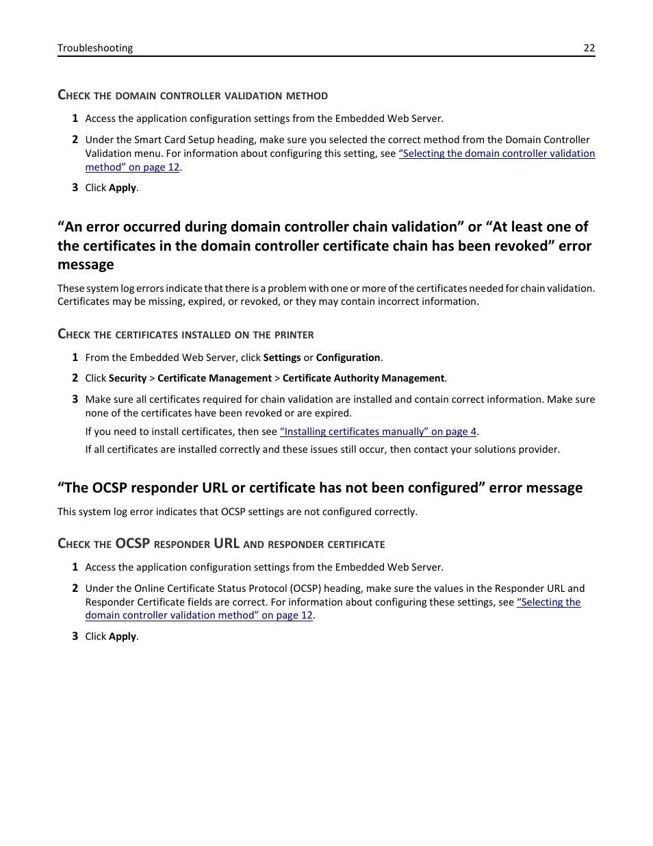 Check the domain controller validation method, Check the certificates installed on the printer, Ocsp | Dell B3460dn Mono Laser Printer User Manual | Page 22 / 35