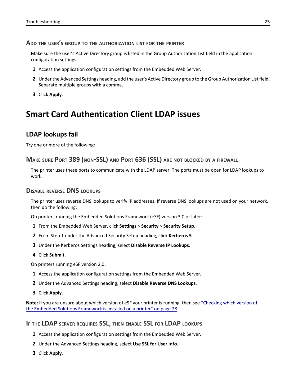Smart card authentication client ldap issues, Ldap lookups fail, Disable reverse dns lookups | Ssl), 636 (ssl), Ldap | Dell B3460dn Mono Laser Printer User Manual | Page 25 / 35