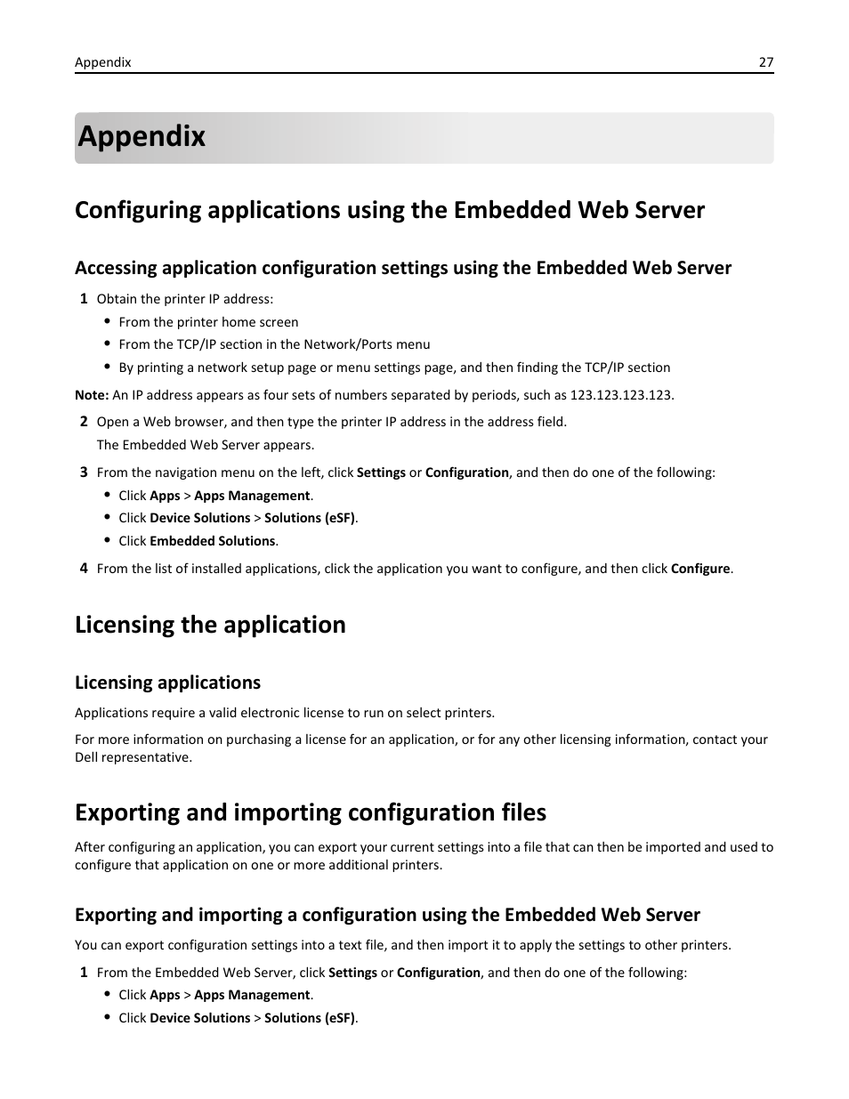 Appendix, Licensing the application, Licensing applications | Exporting and importing configuration files | Dell B3460dn Mono Laser Printer User Manual | Page 27 / 35