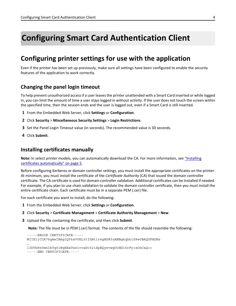 Configuring smart card authentication client, Changing the panel login timeout, Installing certificates manually | Dell B3460dn Mono Laser Printer User Manual | Page 4 / 35