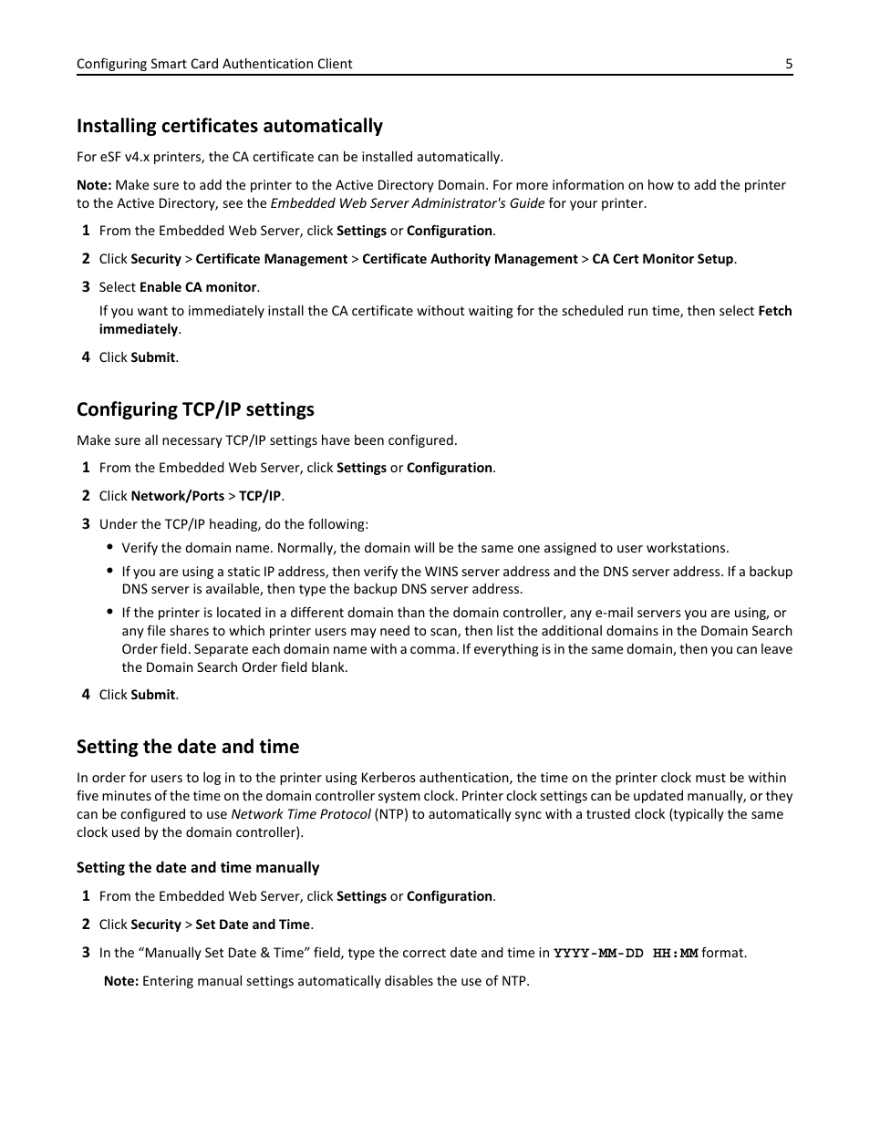 Installing certificates automatically, Configuring tcp/ip settings, Setting the date and time | Dell B3460dn Mono Laser Printer User Manual | Page 5 / 35