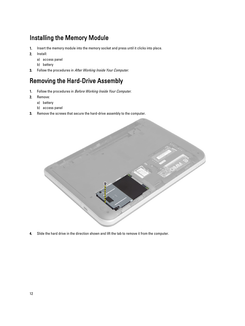 Installing the memory module, Removing the hard-drive assembly | Dell Vostro 2421 (Early 2013) User Manual | Page 12 / 55