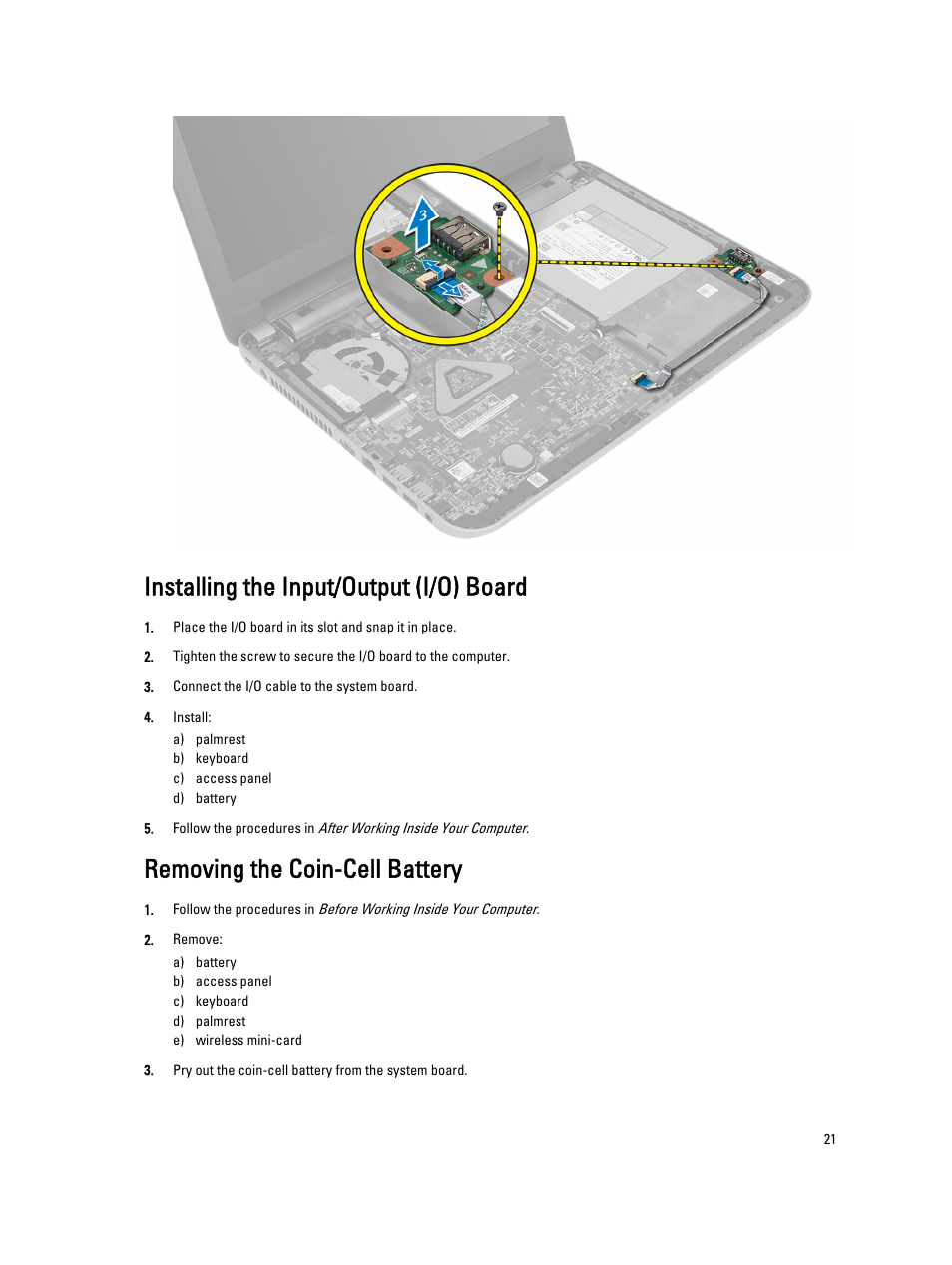 Installing the input/output (i/o) board, Removing the coin-cell battery | Dell Vostro 2421 (Early 2013) User Manual | Page 21 / 55