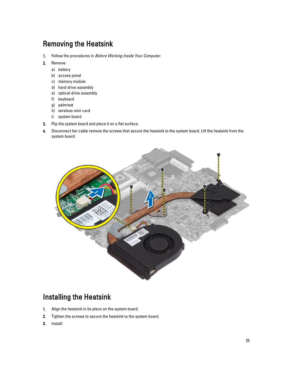 Removing the heatsink, Installing the heatsink | Dell Vostro 2421 (Early 2013) User Manual | Page 25 / 55