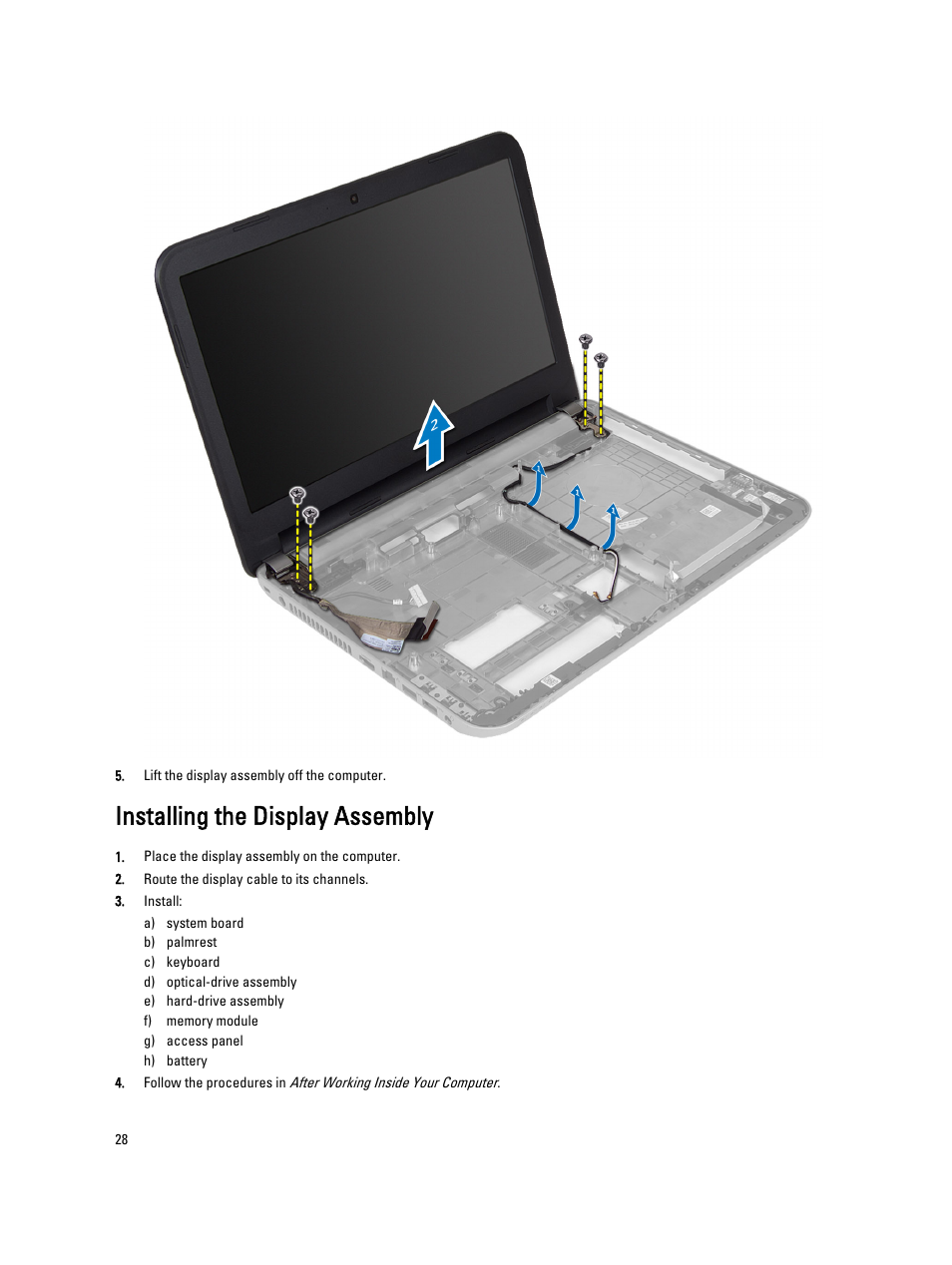 Installing the display assembly | Dell Vostro 2421 (Early 2013) User Manual | Page 28 / 55