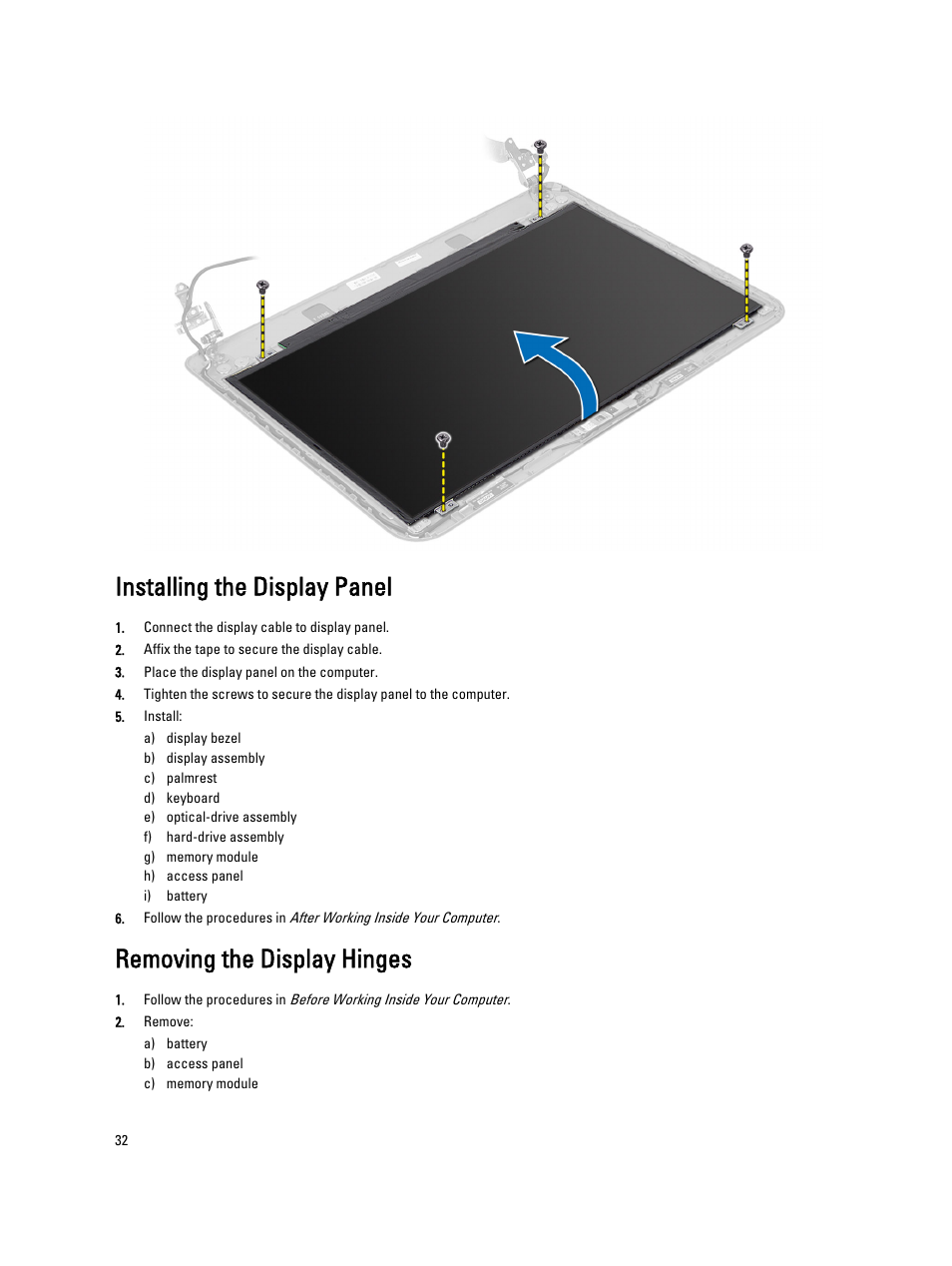 Installing the display panel, Removing the display hinges | Dell Vostro 2421 (Early 2013) User Manual | Page 32 / 55