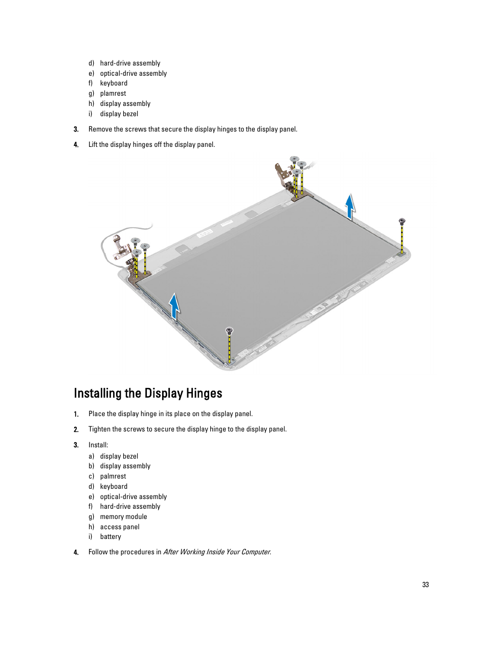 Installing the display hinges | Dell Vostro 2421 (Early 2013) User Manual | Page 33 / 55
