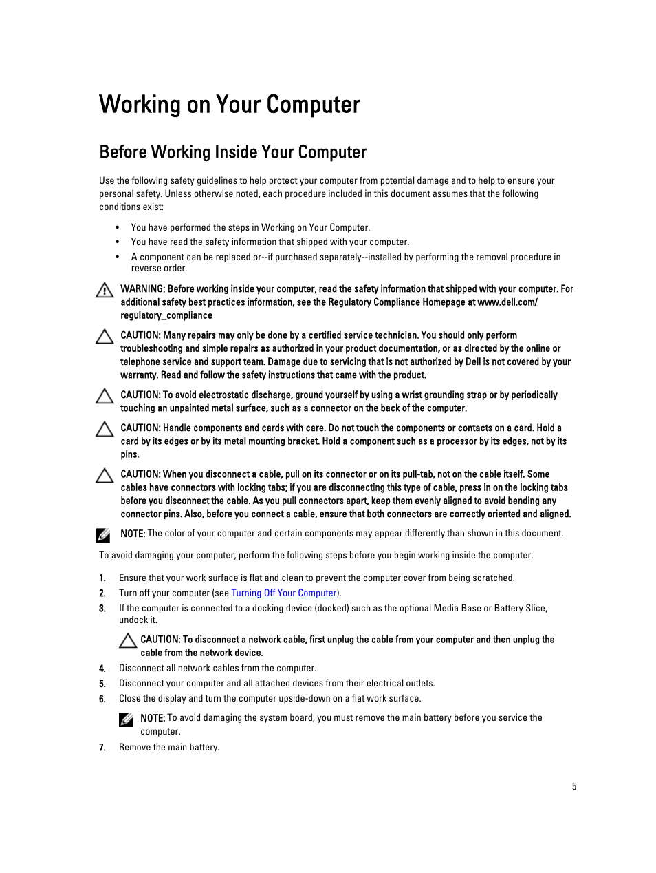 Working on your computer, Before working inside your computer, 1 working on your computer | Dell Vostro 2421 (Early 2013) User Manual | Page 5 / 55