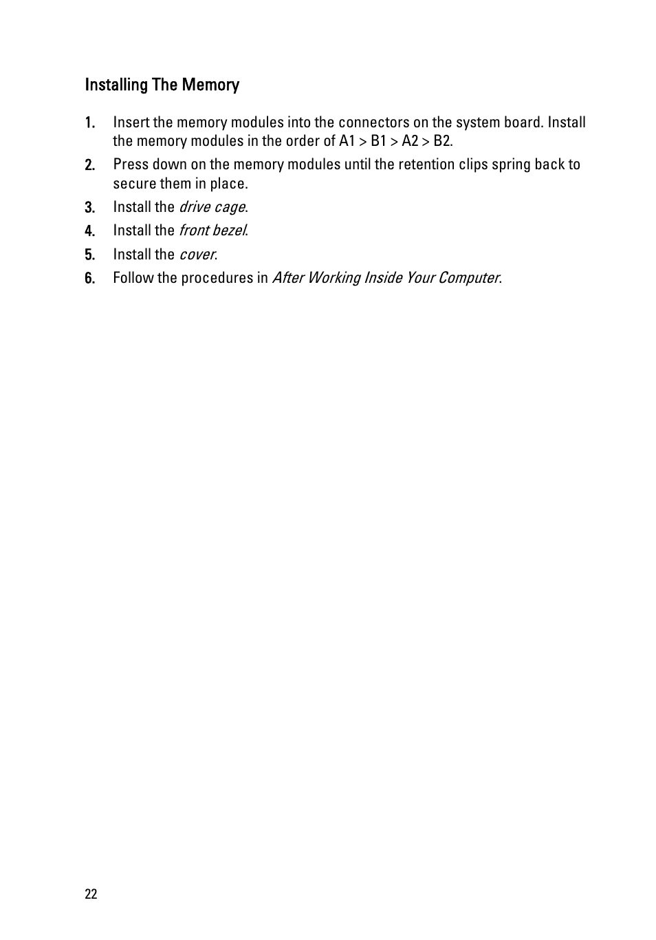 Installing the memory | Dell OptiPlex 790 (Early 2011) User Manual | Page 22 / 96