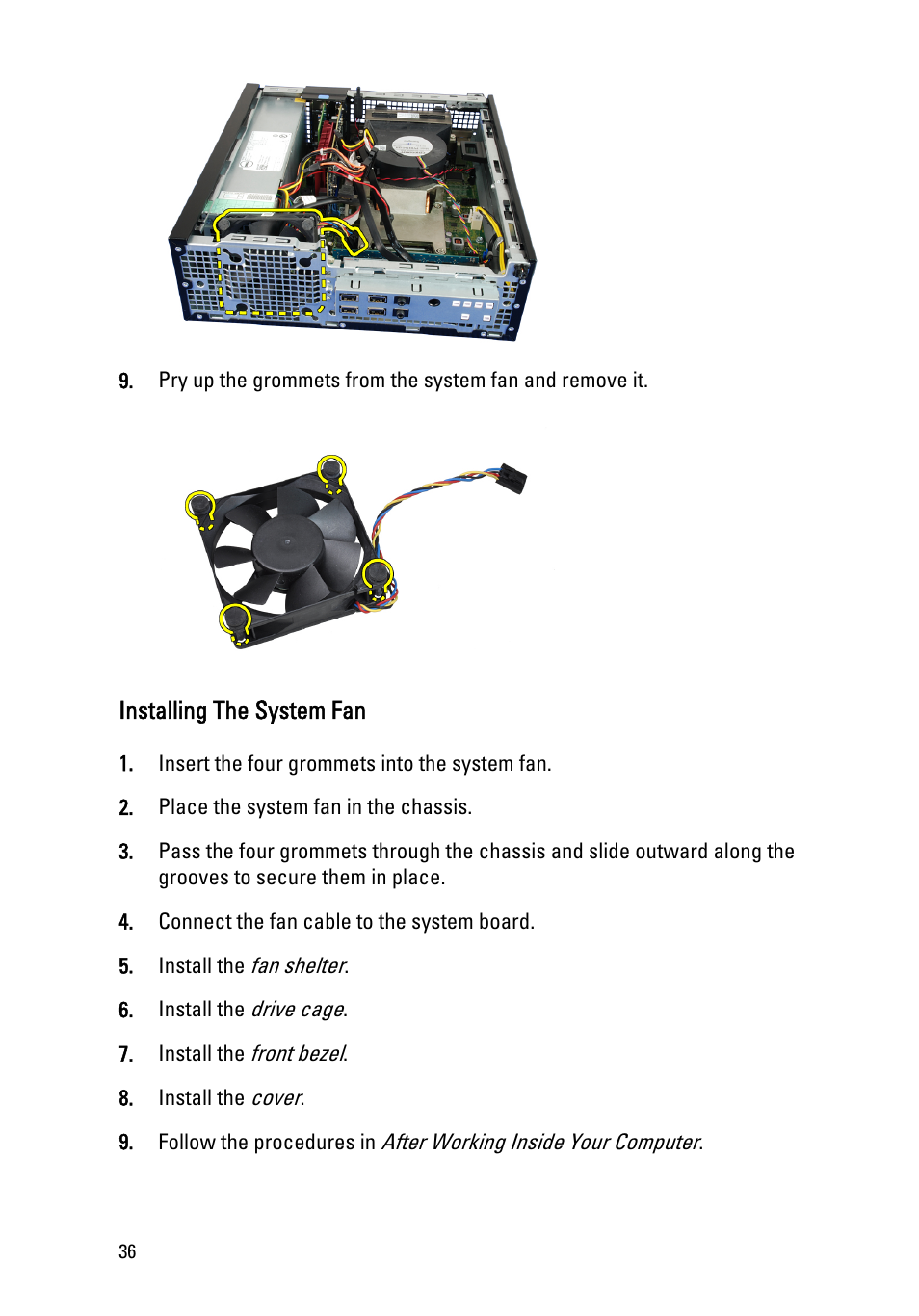 Installing the system fan | Dell OptiPlex 790 (Early 2011) User Manual | Page 36 / 96