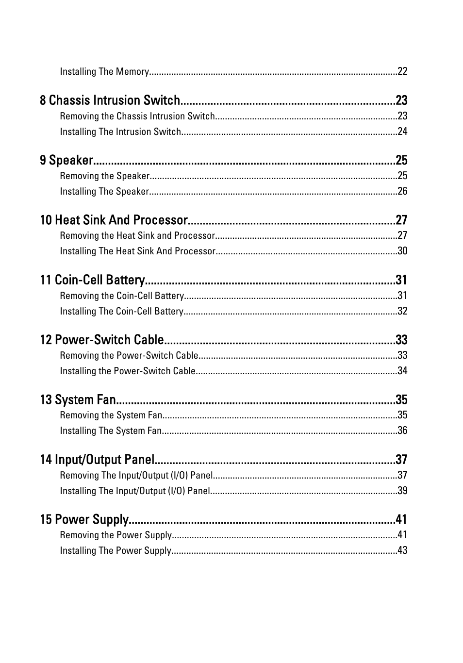 8 chassis intrusion switch, 9 speaker, 10 heat sink and processor | 11 coin-cell battery, 12 power-switch cable, 13 system fan, 14 input/output panel, 15 power supply | Dell OptiPlex 790 (Early 2011) User Manual | Page 4 / 96