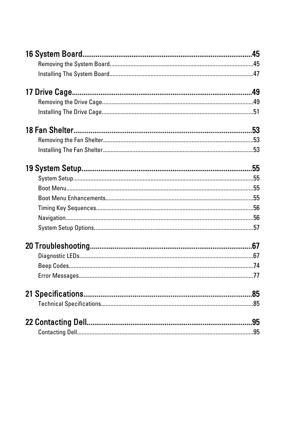 16 system board, 17 drive cage, 18 fan shelter | 19 system setup, 20 troubleshooting, 21 specifications, 22 contacting dell | Dell OptiPlex 790 (Early 2011) User Manual | Page 5 / 96