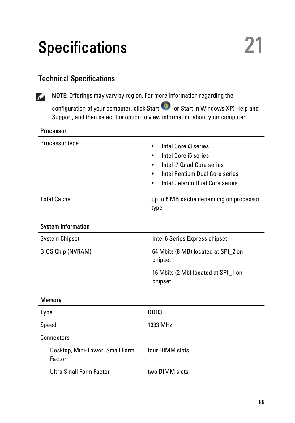 Specifications, Technical specifications, 21 specifications | Dell OptiPlex 790 (Early 2011) User Manual | Page 85 / 96