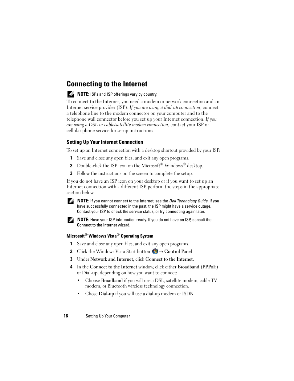 Connecting to the internet, Setting up your internet connection | Dell Vostro 420 (Late 2008) User Manual | Page 16 / 76