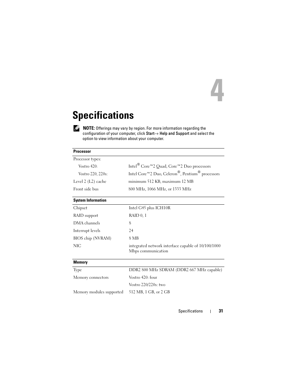 Specifications | Dell Vostro 420 (Late 2008) User Manual | Page 31 / 76