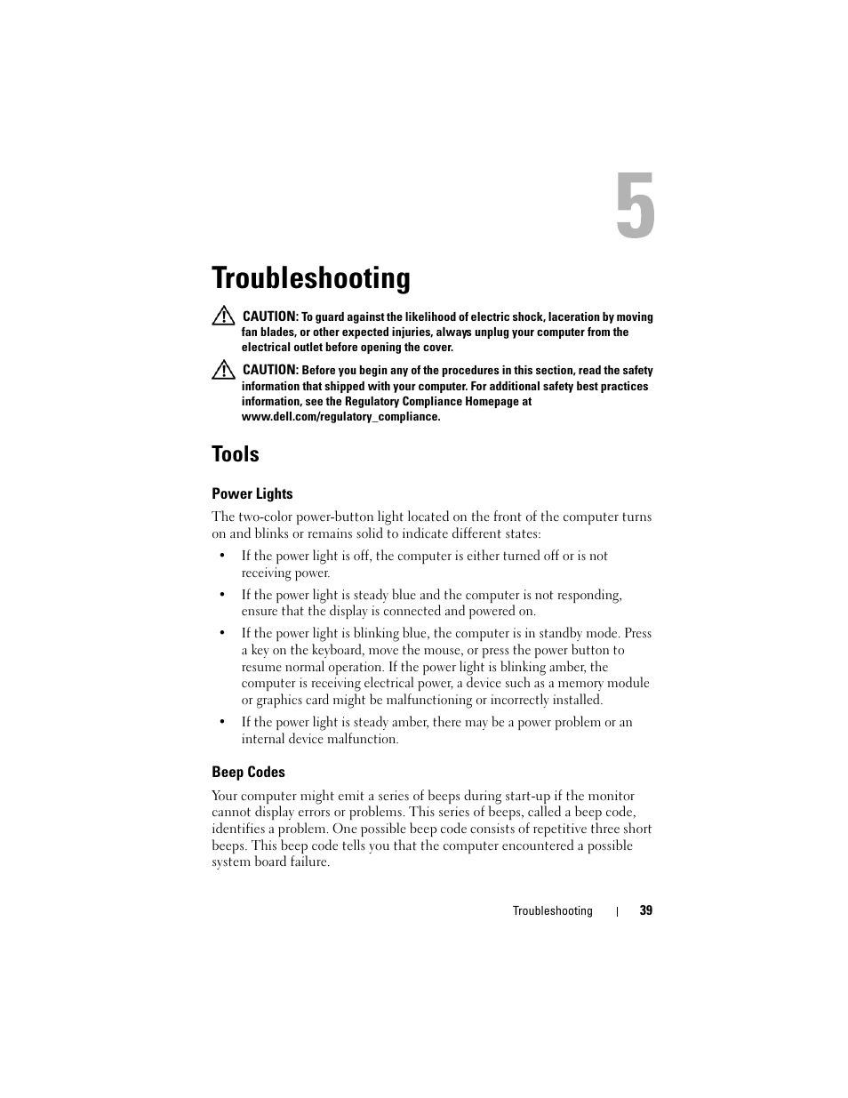 Troubleshooting, Tools, Power lights | Beep codes | Dell Vostro 420 (Late 2008) User Manual | Page 39 / 76