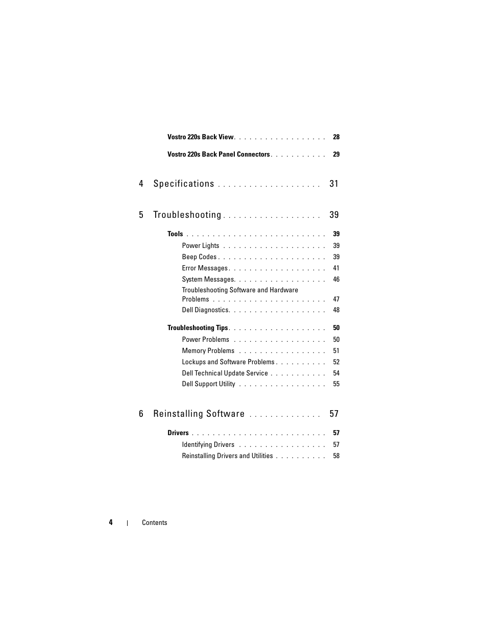 4specifications, 31 5 troubleshooting, 6reinstalling software | Dell Vostro 420 (Late 2008) User Manual | Page 4 / 76
