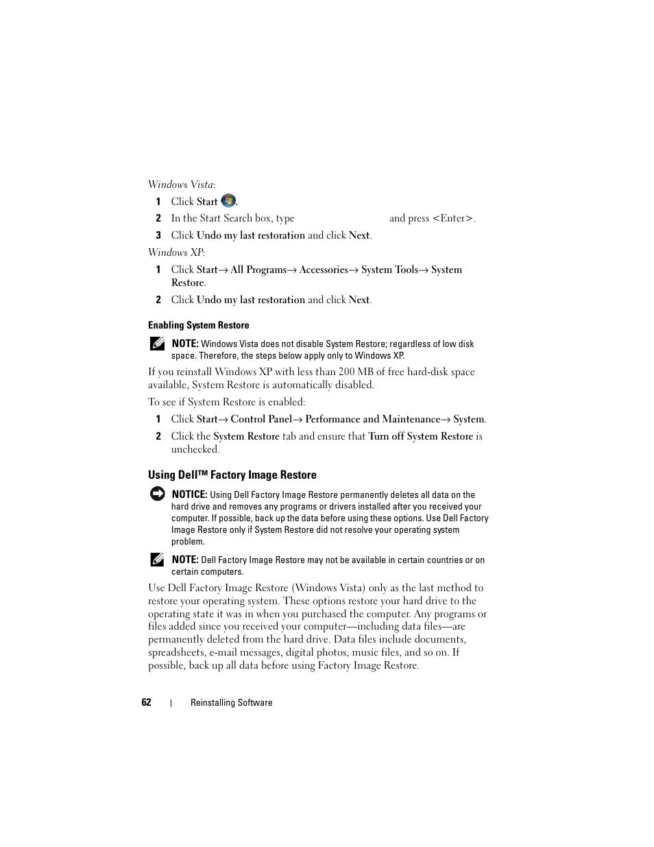 Using dell™ factory image restore | Dell Vostro 420 (Late 2008) User Manual | Page 62 / 76