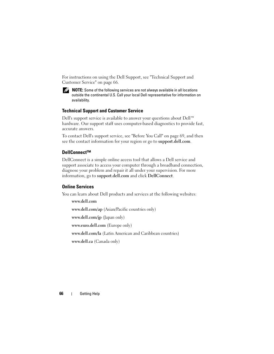 Technical support and customer service, Dellconnect, Online services | Dell Vostro 420 (Late 2008) User Manual | Page 66 / 76