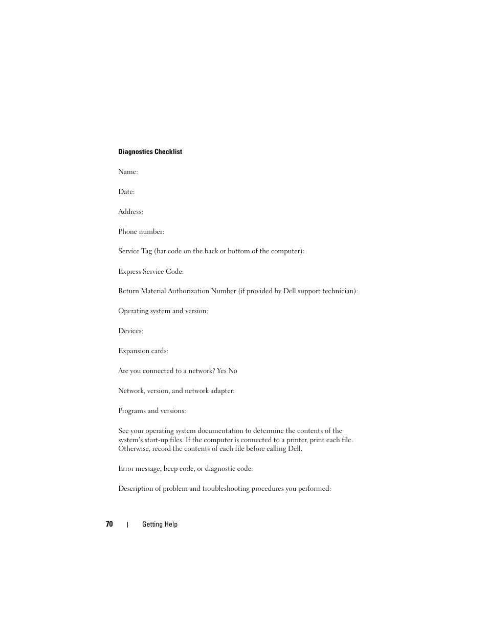 Ecklist (see "diagnostics checklist | Dell Vostro 420 (Late 2008) User Manual | Page 70 / 76