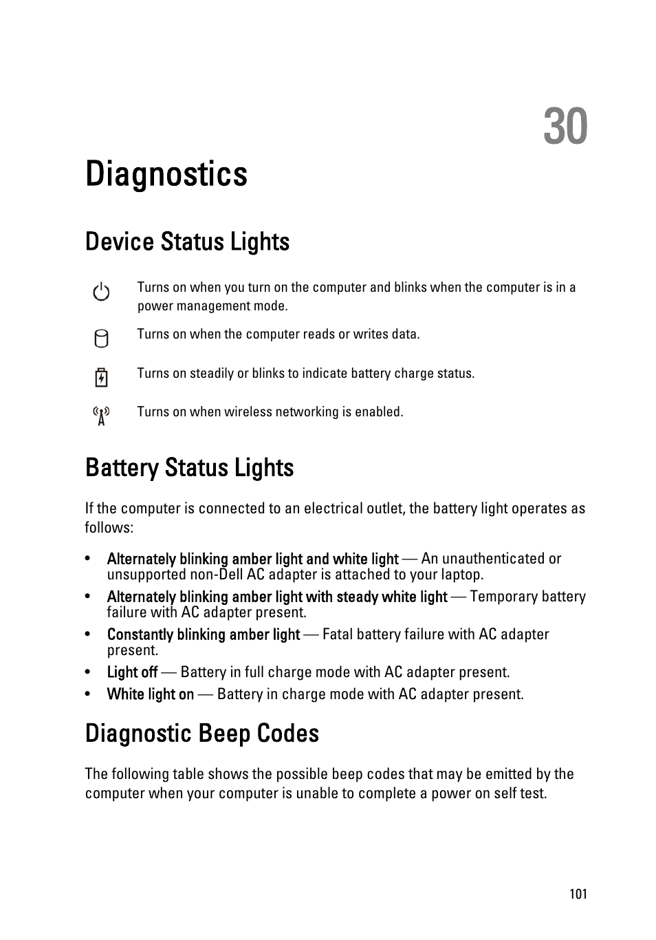 Diagnostics, Device status lights, Battery status lights | Diagnostic beep codes, 30 diagnostics | Dell Vostro 3550 (Early 2011) User Manual | Page 101 / 113