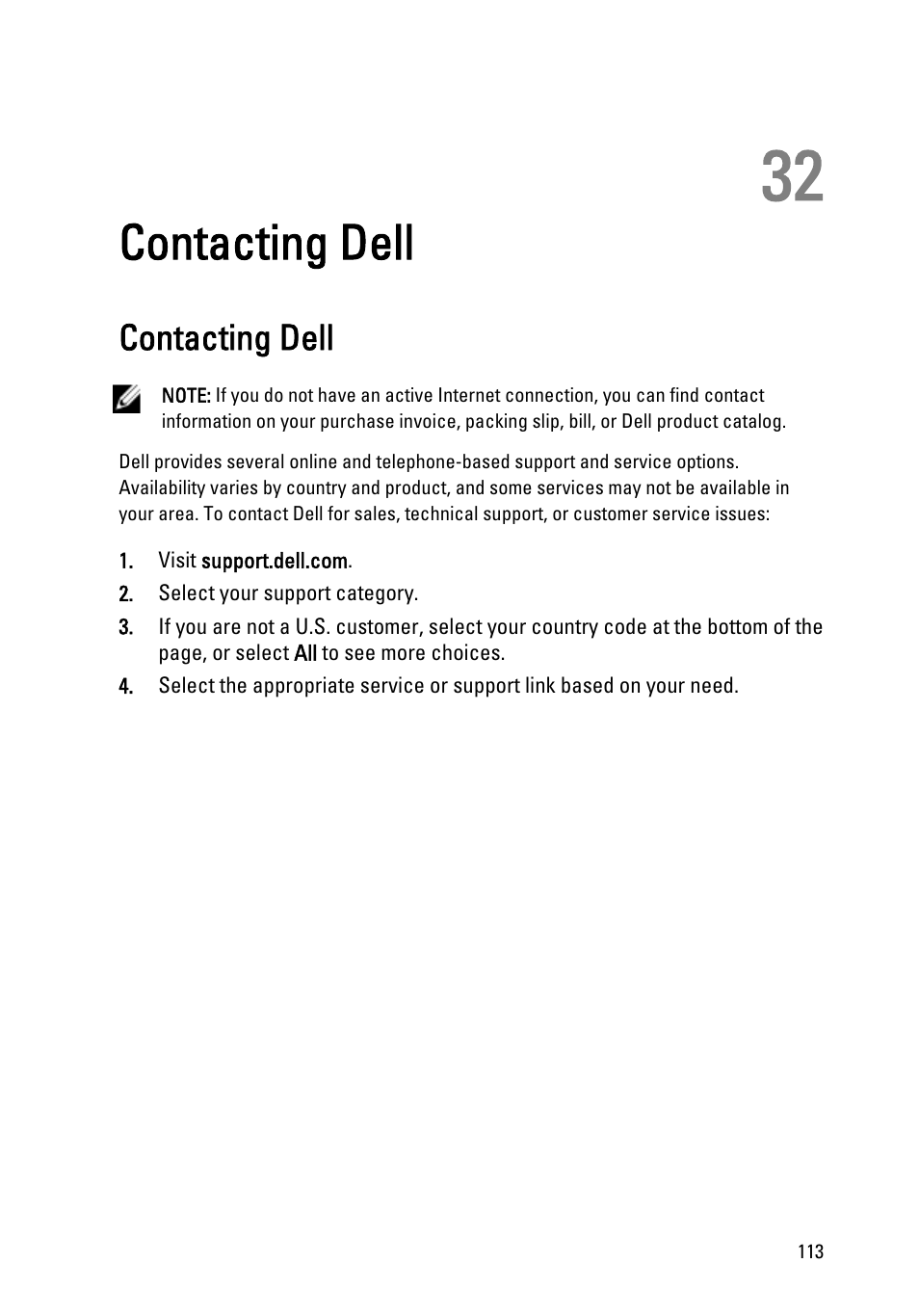 Contacting dell, 32 contacting dell | Dell Vostro 3550 (Early 2011) User Manual | Page 113 / 113