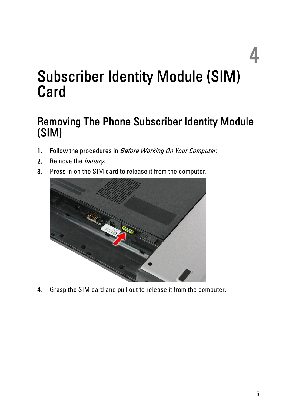 Subscriber identity module (sim) card, 4 subscriber identity module (sim) card | Dell Vostro 3550 (Early 2011) User Manual | Page 15 / 113